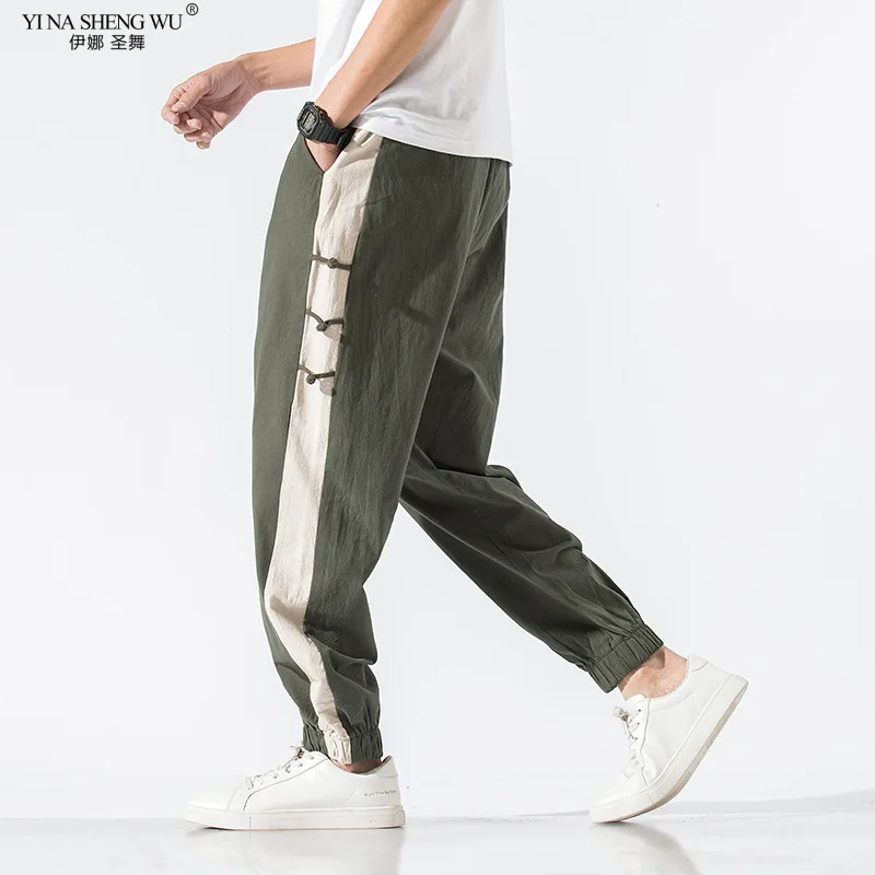 Japanese Loose Men's Cotton Linen Pants Male Summer Breathable Splice Color Linen Trousers Fitness Streetwear Plus Size M-5XL