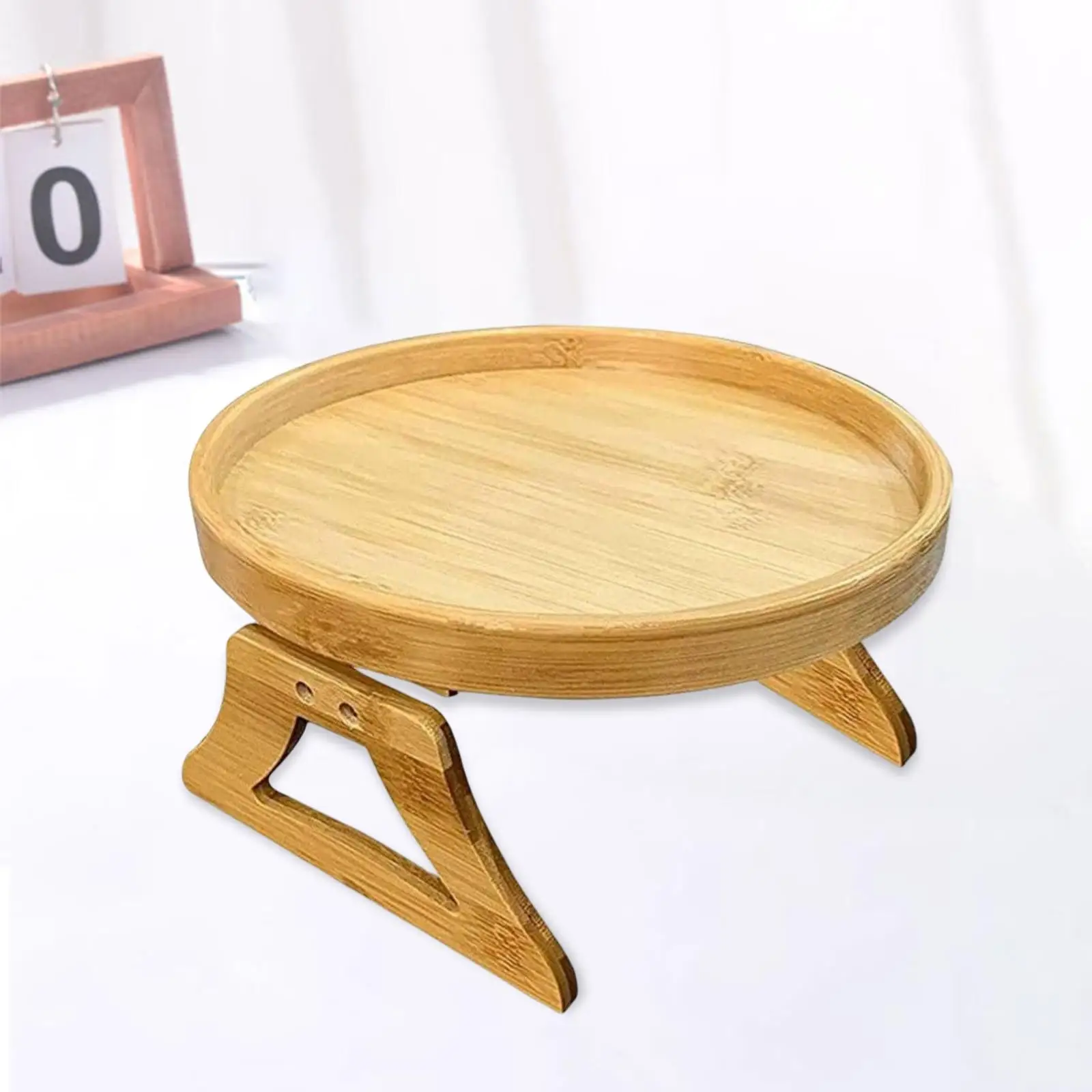 

Serving Tray with Foldable Legs Wooden Tray Sofa Armrest Clip-On Round Tray Folding Bed Table for Tea Remote Control Dessert