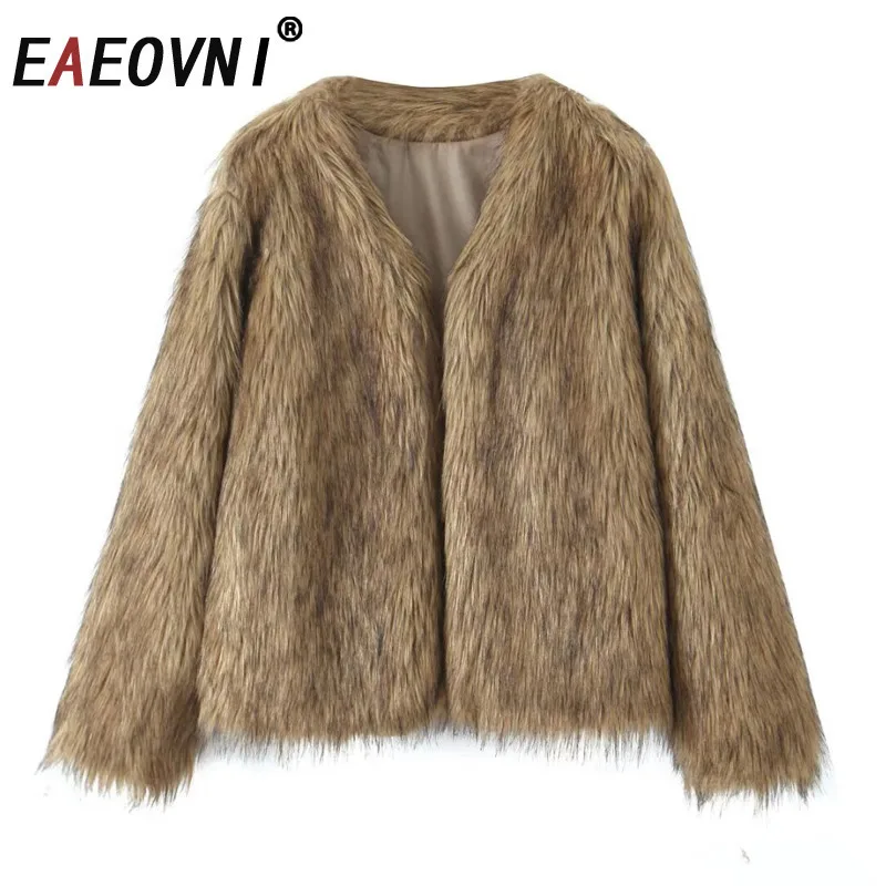

EAEOVNI Fashion Faux Fur Spliced Jacket Women Brown V Neck Long Sleeve Streetwear Coat Vintage 2025 Autumn Winter New Clothing