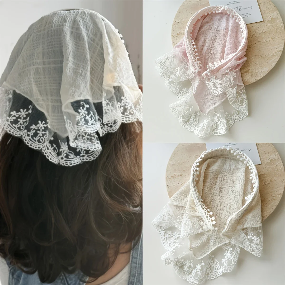

1 Piece of Pastoral Style Lace Triangle Headscarf with Headband for Spring Outings, Women's Fashion Accessory, Stage Performance Hair Accessory