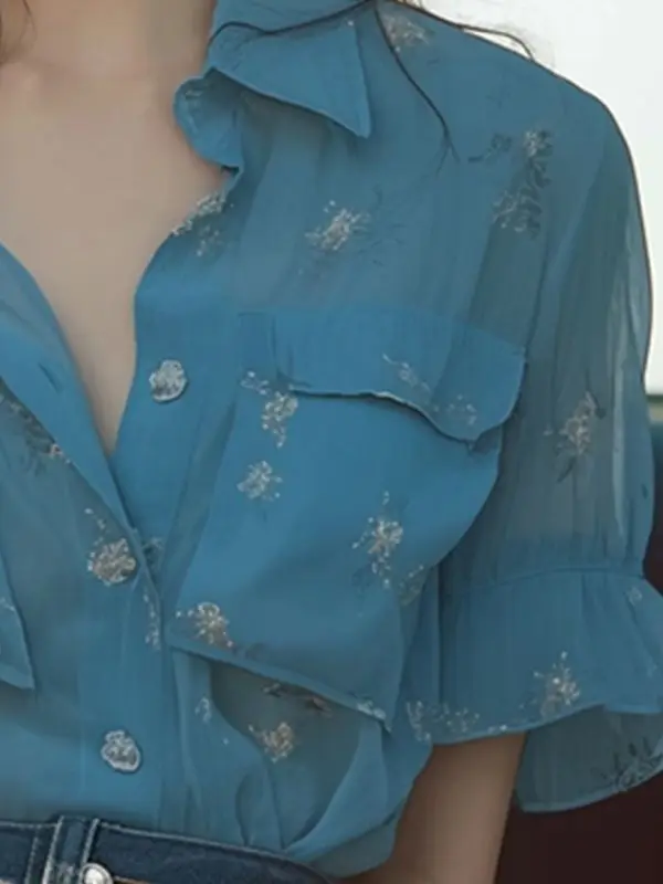 Summer Style Unique and Special Blue Chiffon Ruffle Short-sleeved Shirt for Women