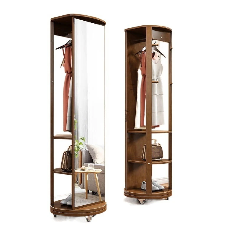 

Floor-to-ceiling bedroom solid wood coat rack with mirror household rotatable mobile living room