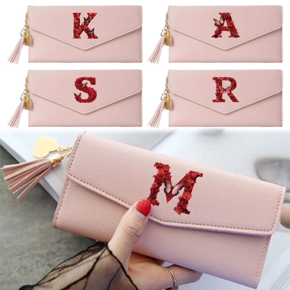 

Women Wallets Leather Long Purses Femal Clutch Handbag Coin Purse Cards Holder PU Leather Billfold Wallet Red Rose Pattern