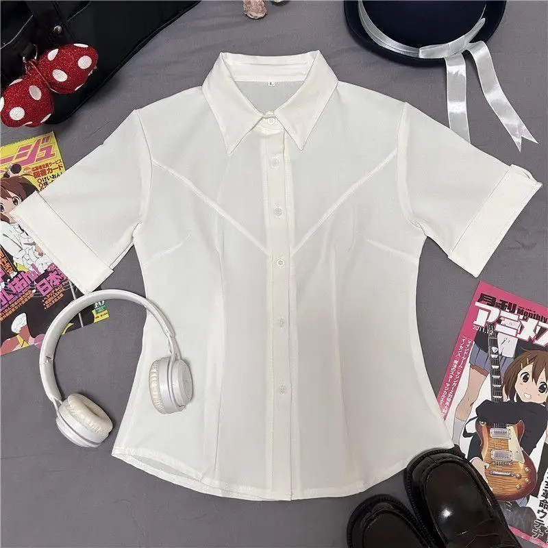 

Slimming Effectiveness plus Size JK Uniform Shirt Waist Cinching Short Sleeve Slim Fit Women's Shirt Hot Girl Style Casual Top