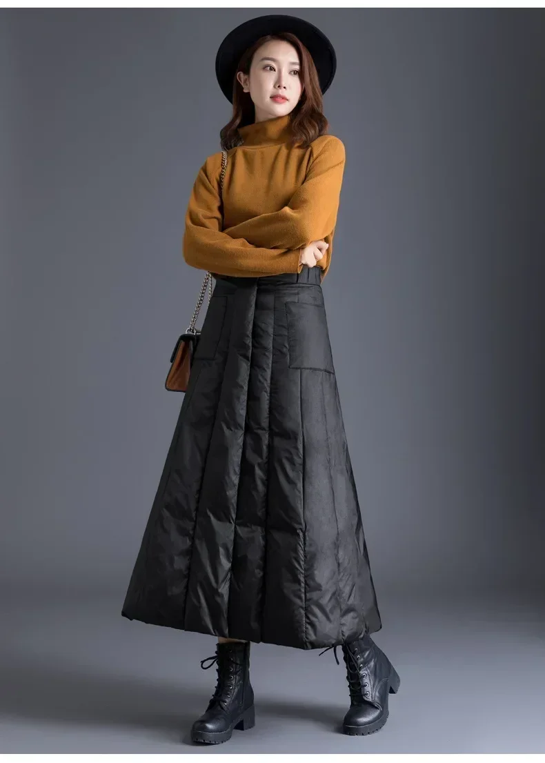 2023 Winter Duck Down Long Skirt Women\'s Black Retro High Waist Clothes Casual Velvet Windproof Skirt Long Skirt Women\'s 3XL