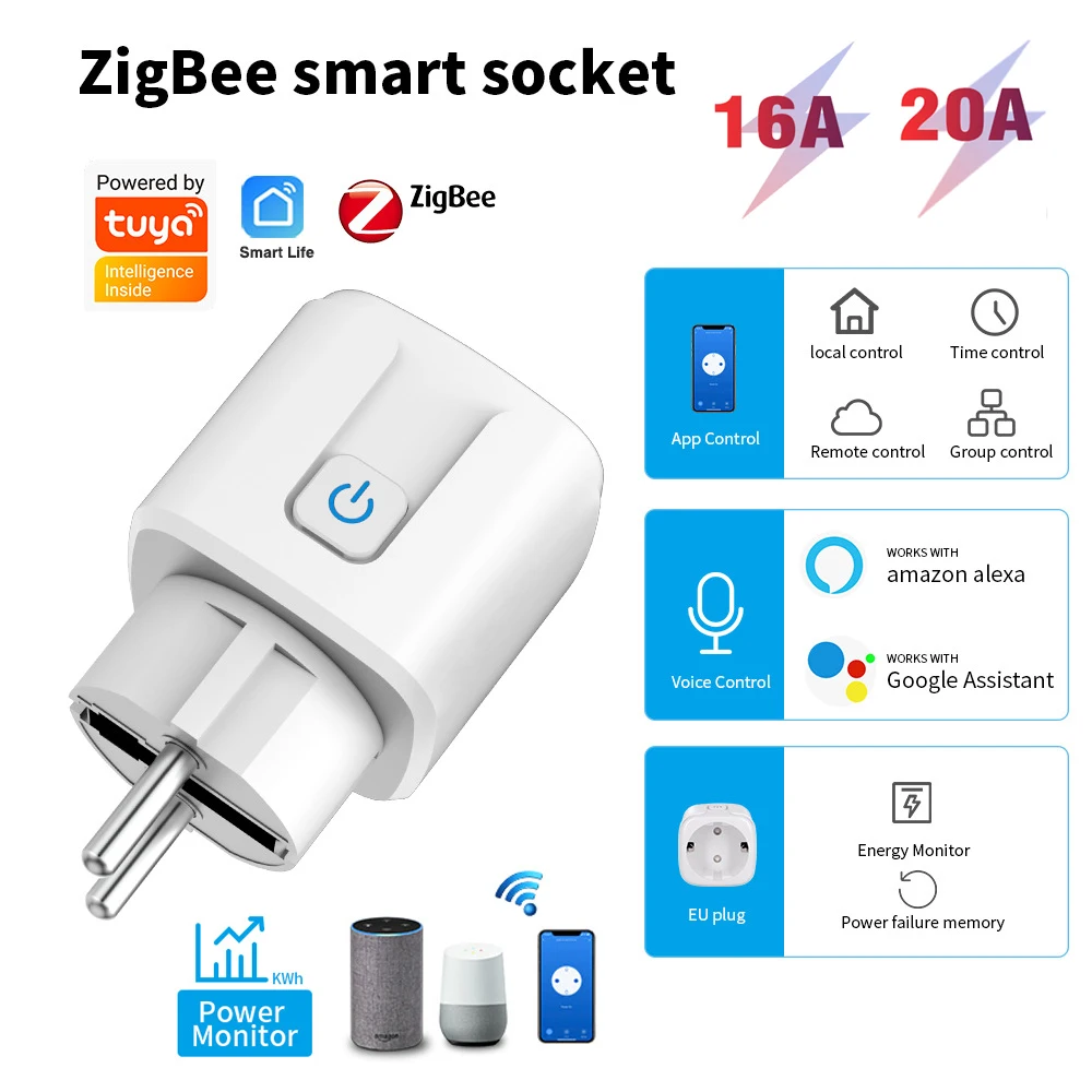

Розетка Tuya ZigBee Smart Plug EU 16/20A Монитор мощности Таймер Адаптер Розетка Smart Life APP Беспроводная совместимость Alexa Google HOME