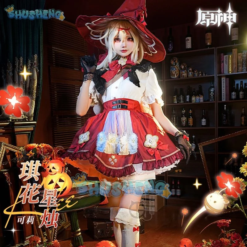 

Game Genshin Impact Klee Cosplay Costume Wome Cute Witch Dress With Hat Anime Clothing Halloween Carnival Uniforms Custom Made