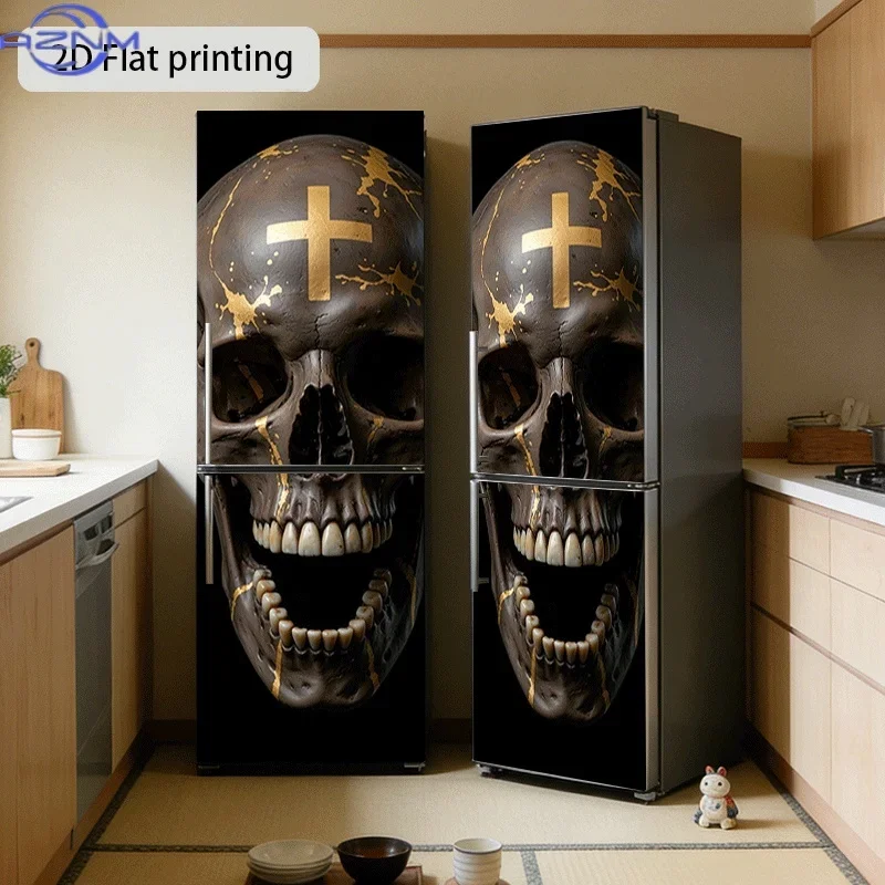 1pc of Refrigerator Sticker with a Golden Cross Skull Theme Design, Self-Adhesive Wall Decoration Wallpaper Suitable for Cabin