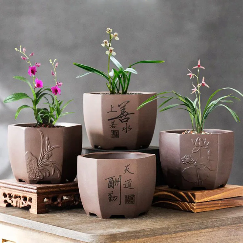 Chinese Style Creative Purple Clay Polygon Flower Pot Breathable Vase with A Drainage Hole Planter Container Home Garden Decor