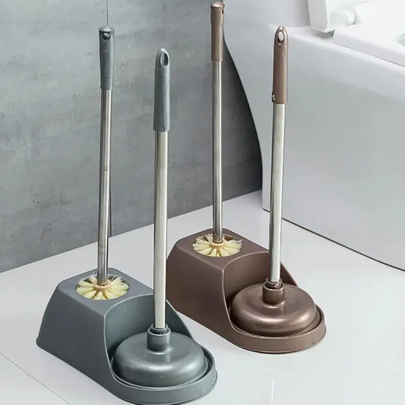 Freestanding Plastic Toilet Bowl Brush Cleaner and Plunger Set Toilet Plunger and Bowl Brush for Bathroom Cleaning, Gray, Brown