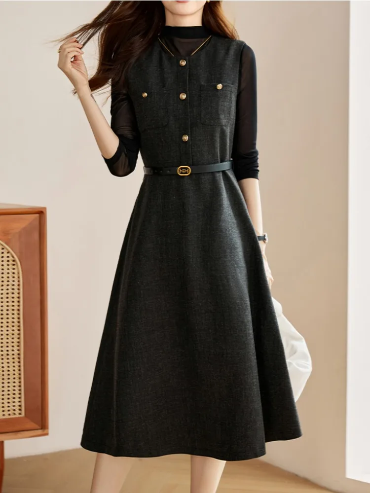 Elegant Two-Piece Women's Outfit: Sleeveless Waist-Cinching Dress & Knit Cardigan Set - Chic Spring/Fall Commuter Wear Advanced