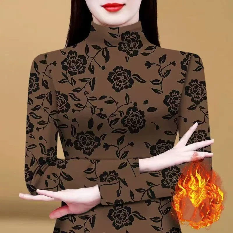 

Элегантный женский топ с высоким воротом и цветочным принтом, с длинными рукавами, облегающий классический стиль, осенне-зимняя офисная одежда