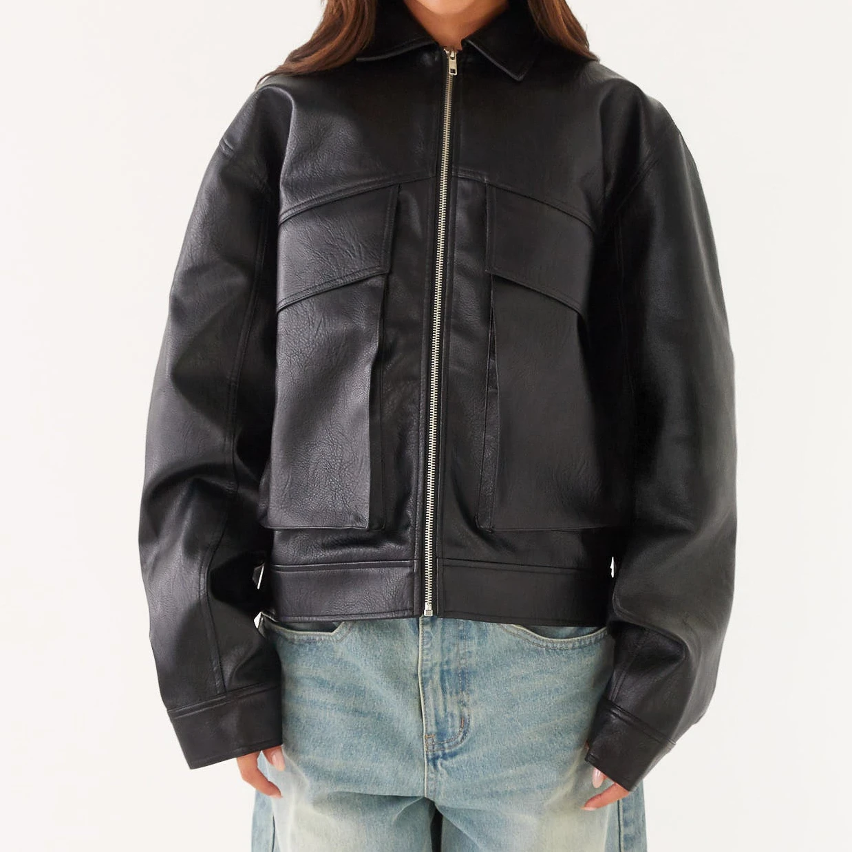 Giacca in pelle nera oversize con tasche grandi e giacca con cerniera Giacca leggera Giacca con cerniera Cappotti casual Giacca autunnale