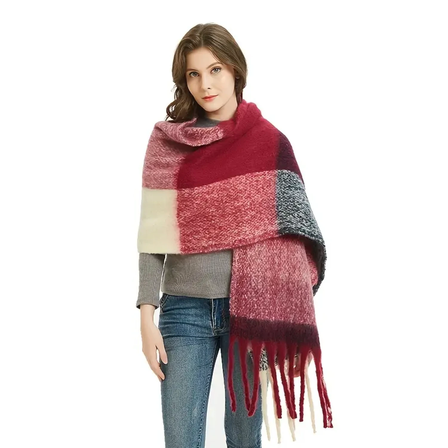 Classic Tassel Plaid Scarf | Warm Soft Blanket Shawl Scarf | Tassel Grid Winter Scarves