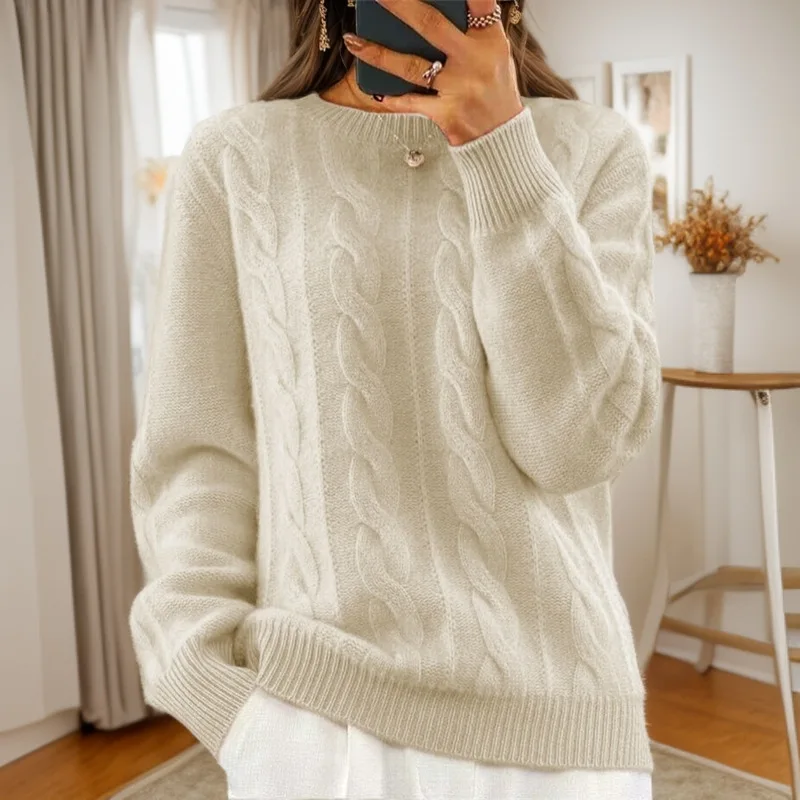 2025 Autumn and Winter New Casual Crew Neck Solid Color Knitted Sweater Top Retro Twist Pullover Sweater Women
