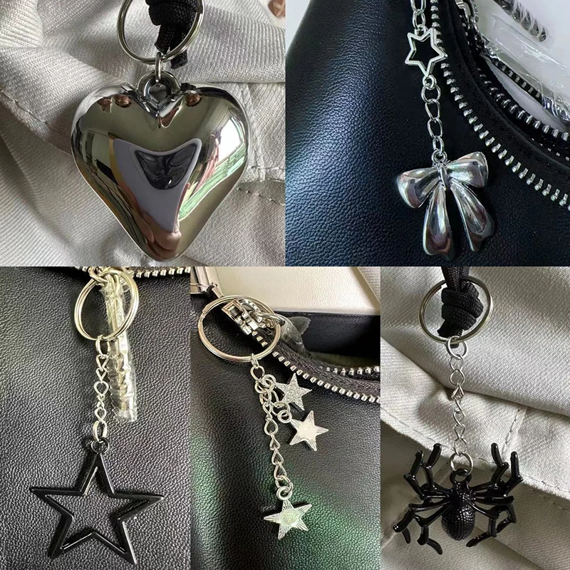 Y2K Silver Color Metal Keyring Korean Harajuku Bow Heart Star Keychain Car Key Holder Fashion Bag Pendant Purse Charm