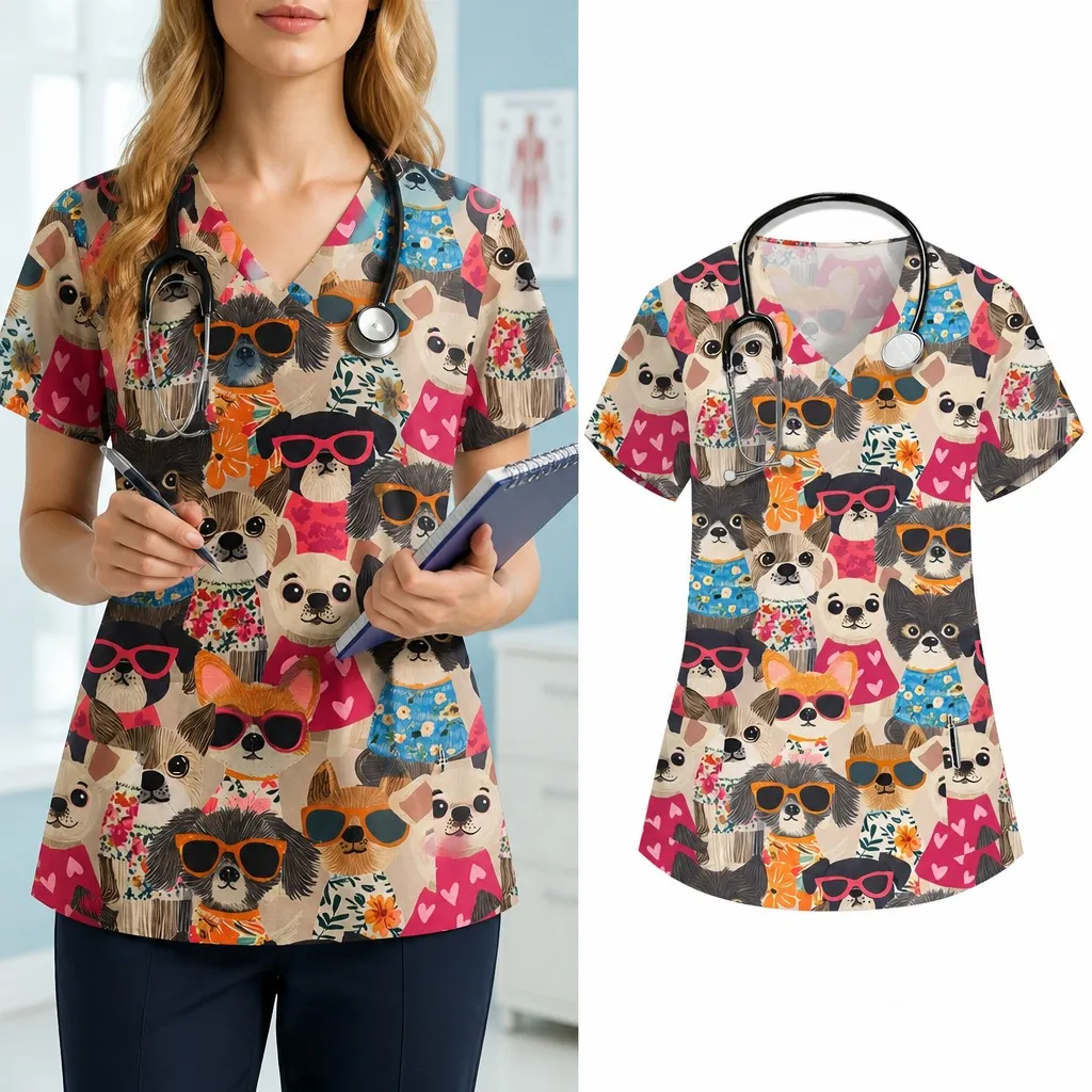 Women's Surgical Gown, Cartoon Animal Print Veterinary Nurse Top, Fashionable V-neck Short-sleeved T-shirt, Medical Uniform