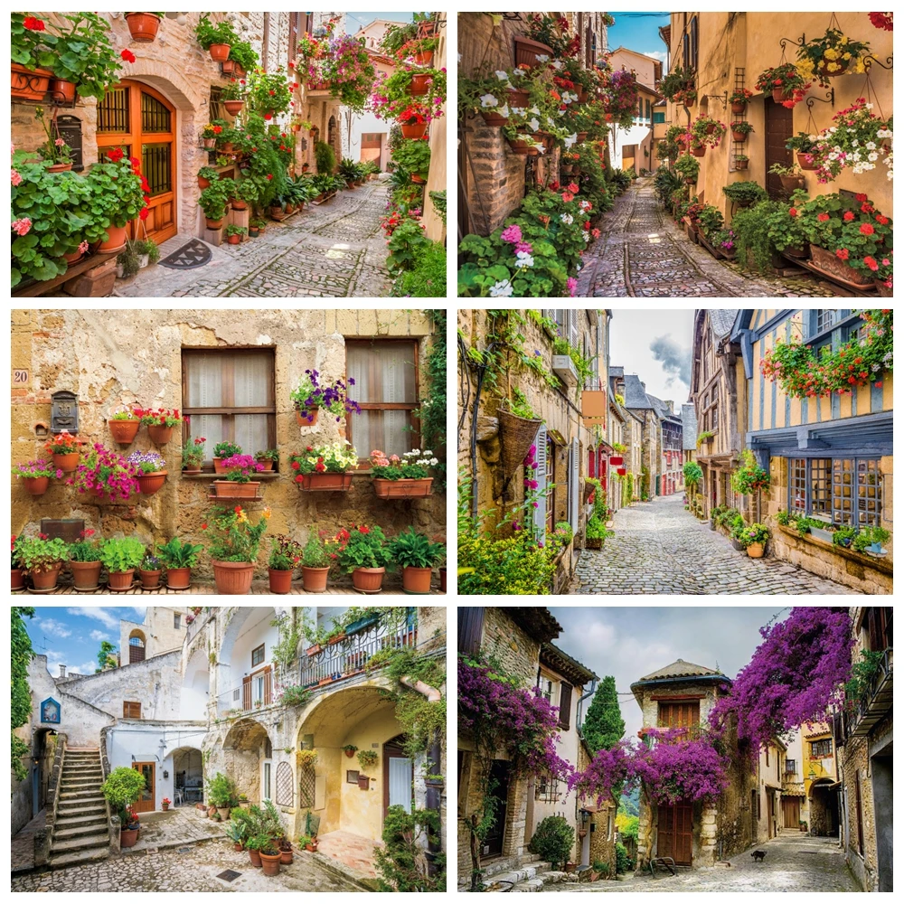 

Countryside Italian Streets Town Floral Backdrop Wood Door Window Flower Alley Courtyard Baby Portrait Photography Background