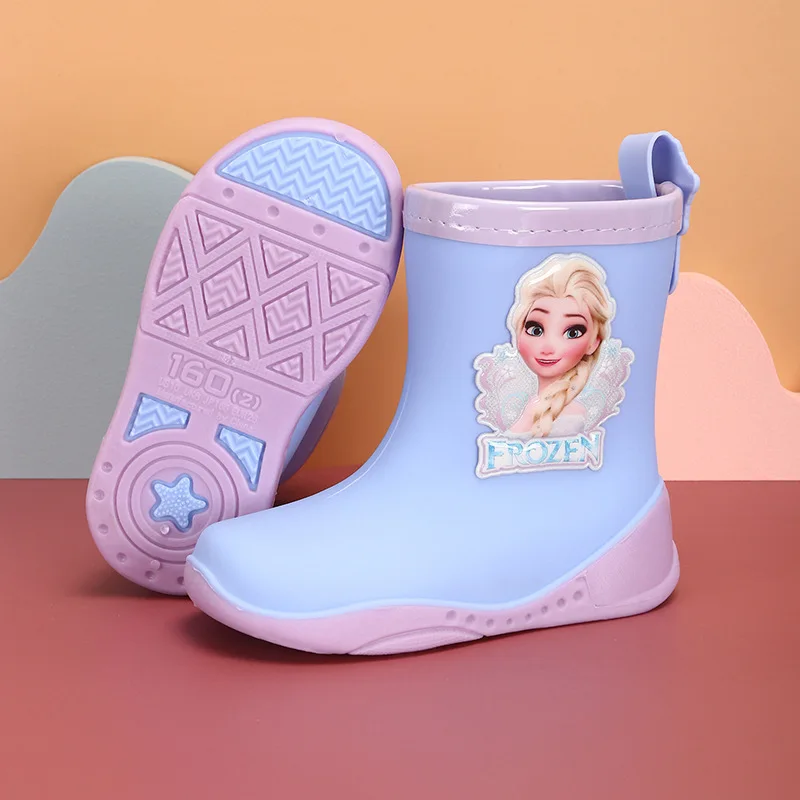 Disney Children\'s Rain Boots For Girls Blue Cartoon Nonslip Frozen Princess Elsa Water Shoes Kids Four Seasons Rubber Over Shoes