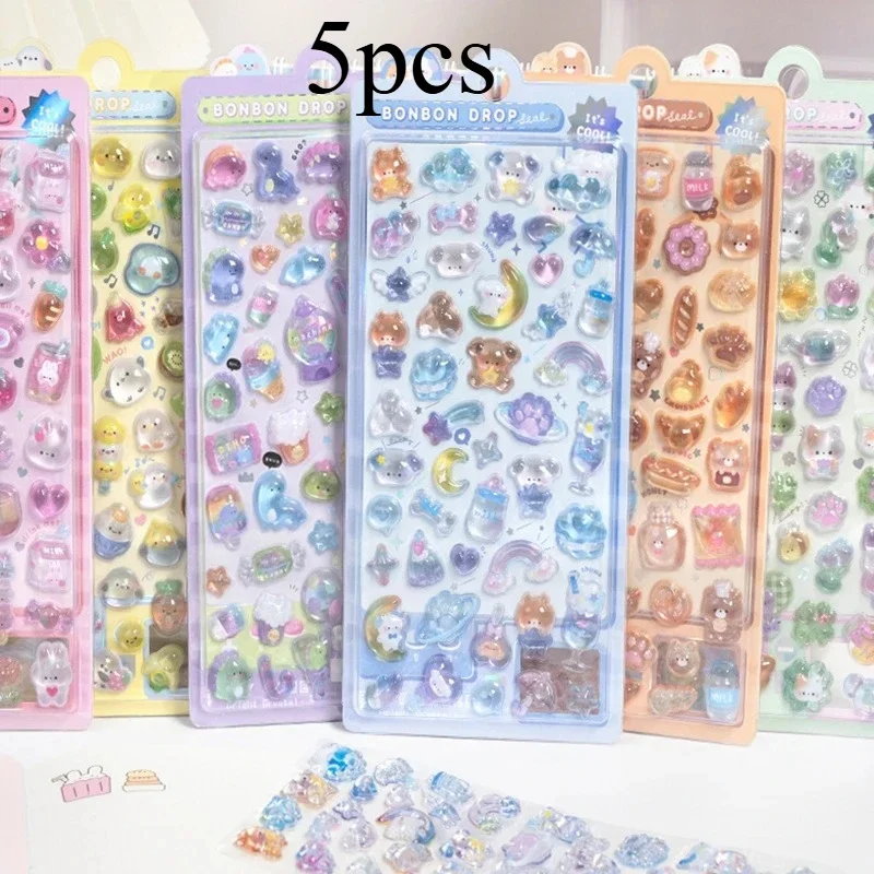 

5Pcs Kawaii Cartoon 3D Relief Sticker Cute Crystal Jelly Patch for Mobile Phone Case Mirror Scrapbook Journal Animal Deco S