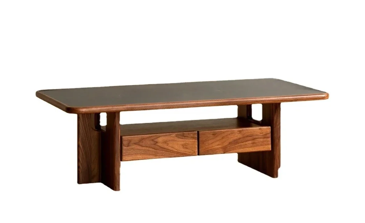 

A15 Furniture Black Walnut Wooden Tea Table Living Room Home Solid Wood Stone Plate Coffee Table Simple Storage Small Tea Table