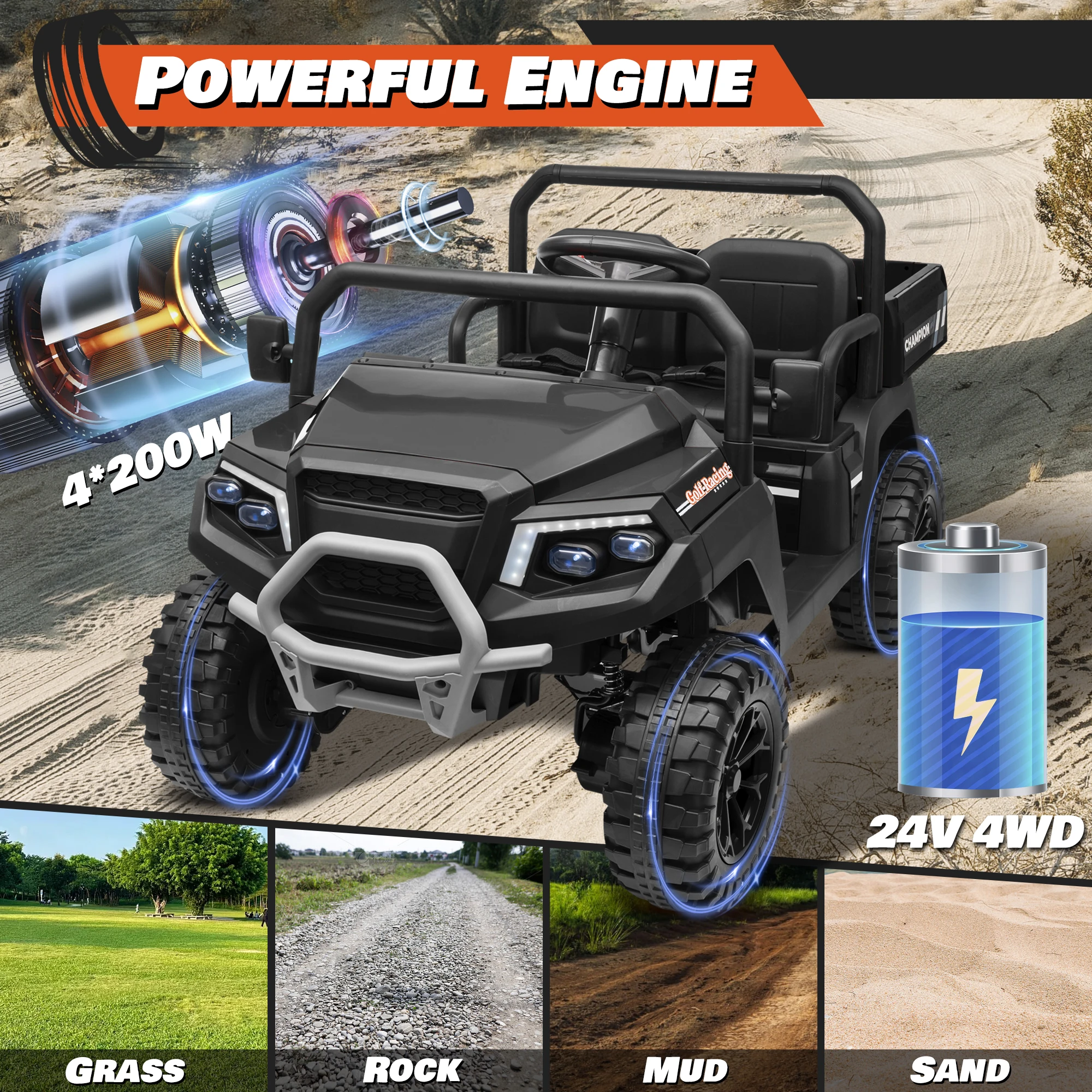 Carrinho de golfe 4WD para passeio em carro 24V com motores 800W, 20''2 lugares, flor de presente, controle remoto 2.4G, 4 rodas, música pop