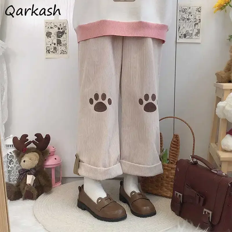 

Corduroy Straight Pants Women Streetwear Paw Print Lovely Sweet Japanese Style Ins Autumn Winter Ankle Length Female Preppy Chic