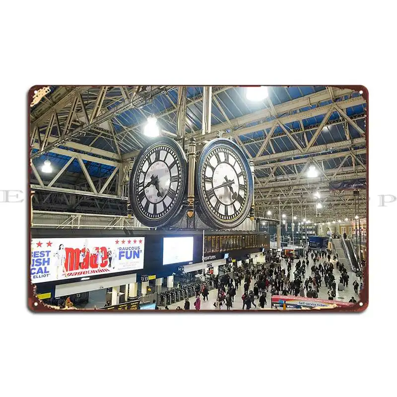 London Waterloo Station Clock Metal Plaque Poster Rusty Designing Party Plates Cave Designs Tin Sign Poster