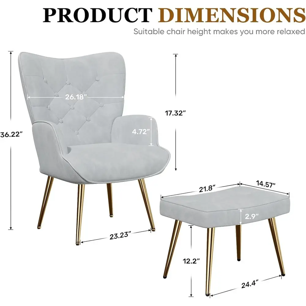Modern Velvet Wingback Armchair with Ottoman Set, High Back Button Tufted Accent Chair for Living Room or Bedroom, Light Grey