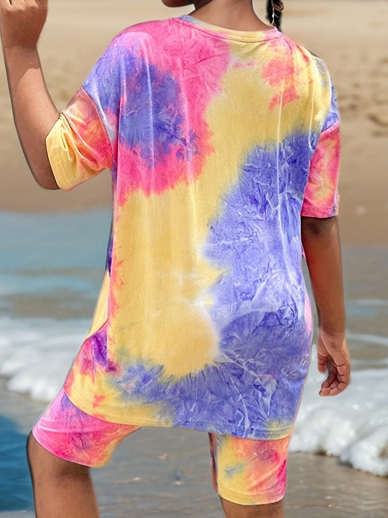 Girls' Sports Full-Print Tie-Dye Short-Sleeve Set, Girls' Round-Neck Short-Sleeve T-Shirt Set, Children's Casual Fashion Summer Outfit, Suitable for Ages 1-8