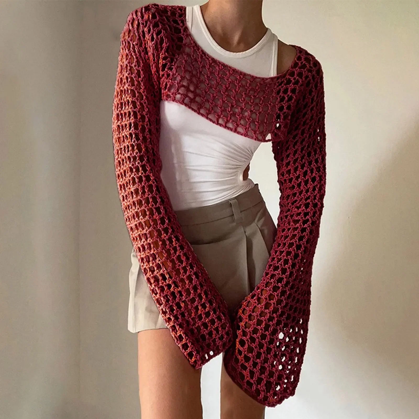 One Piece Long Sleeved Summer Swimsuit Solid Color Knitted Crochet hollow Crew Neck vacation swimwears Casual vacation Bikini