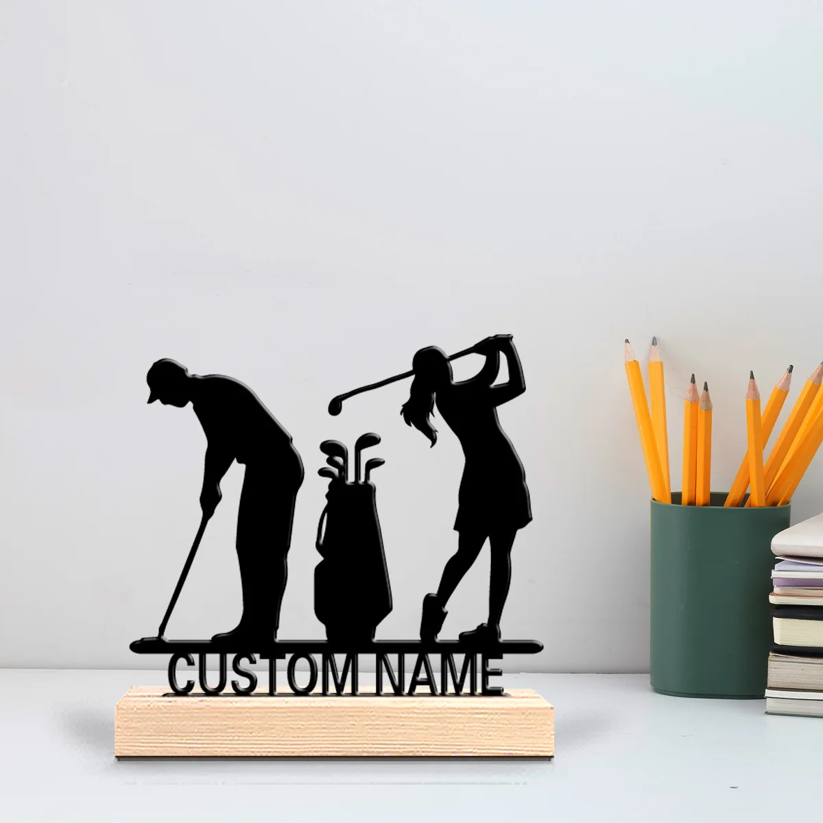 1pc Fashion Personalized Custom Golf Couple Metal Statues Metal Art With Wooden Base  Commemorative Birthdays