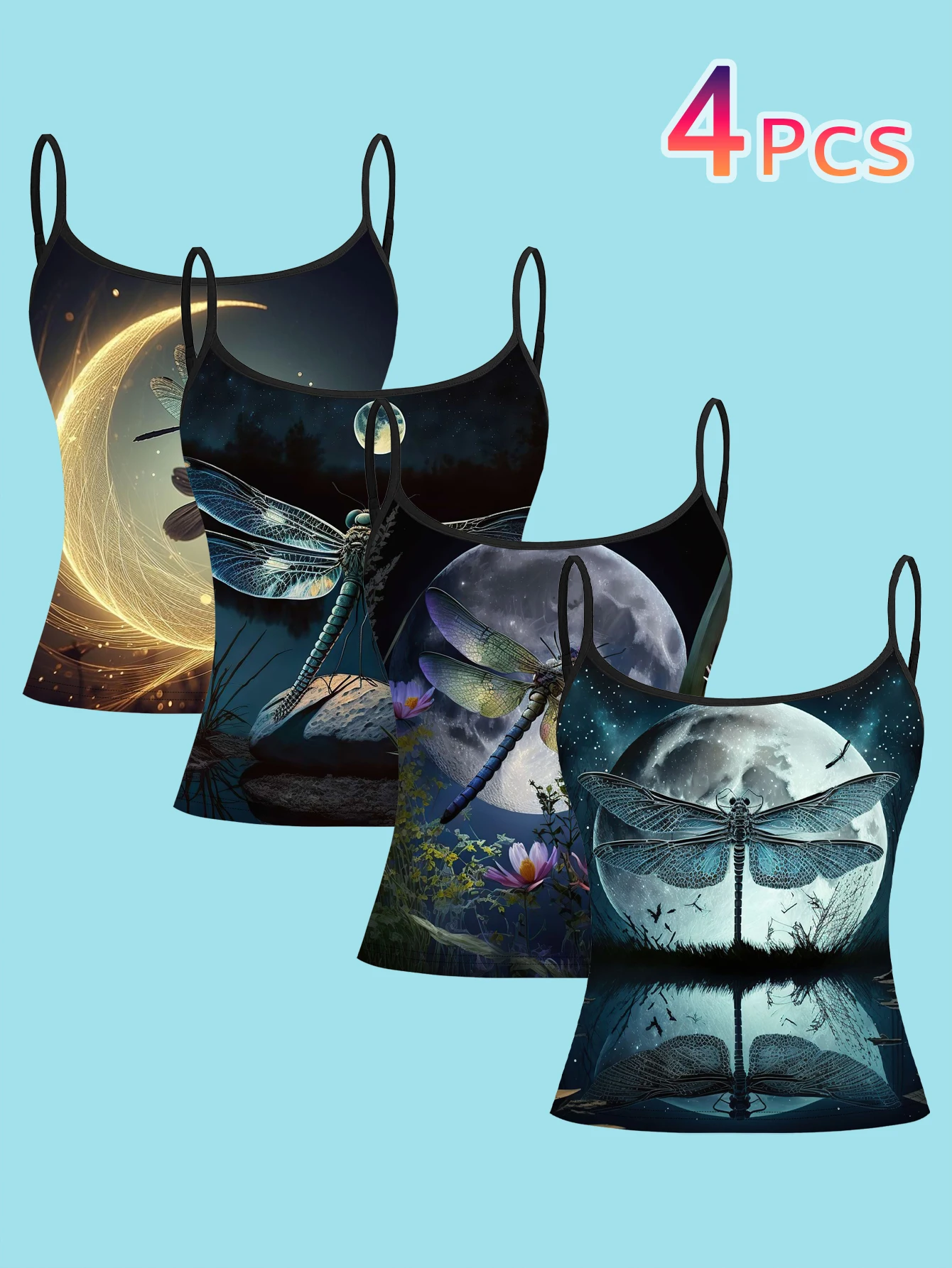 4-Piece Set of Women's Spaghetti Strap Camisoles with Full Print of Night Moon, Dragonflies, Starry Sky, Flowers, and Plants, Slim-Fit Sleeveless Tops, Mysterious Forest Style Bohemian Outerwear and Inner Layering Shirts