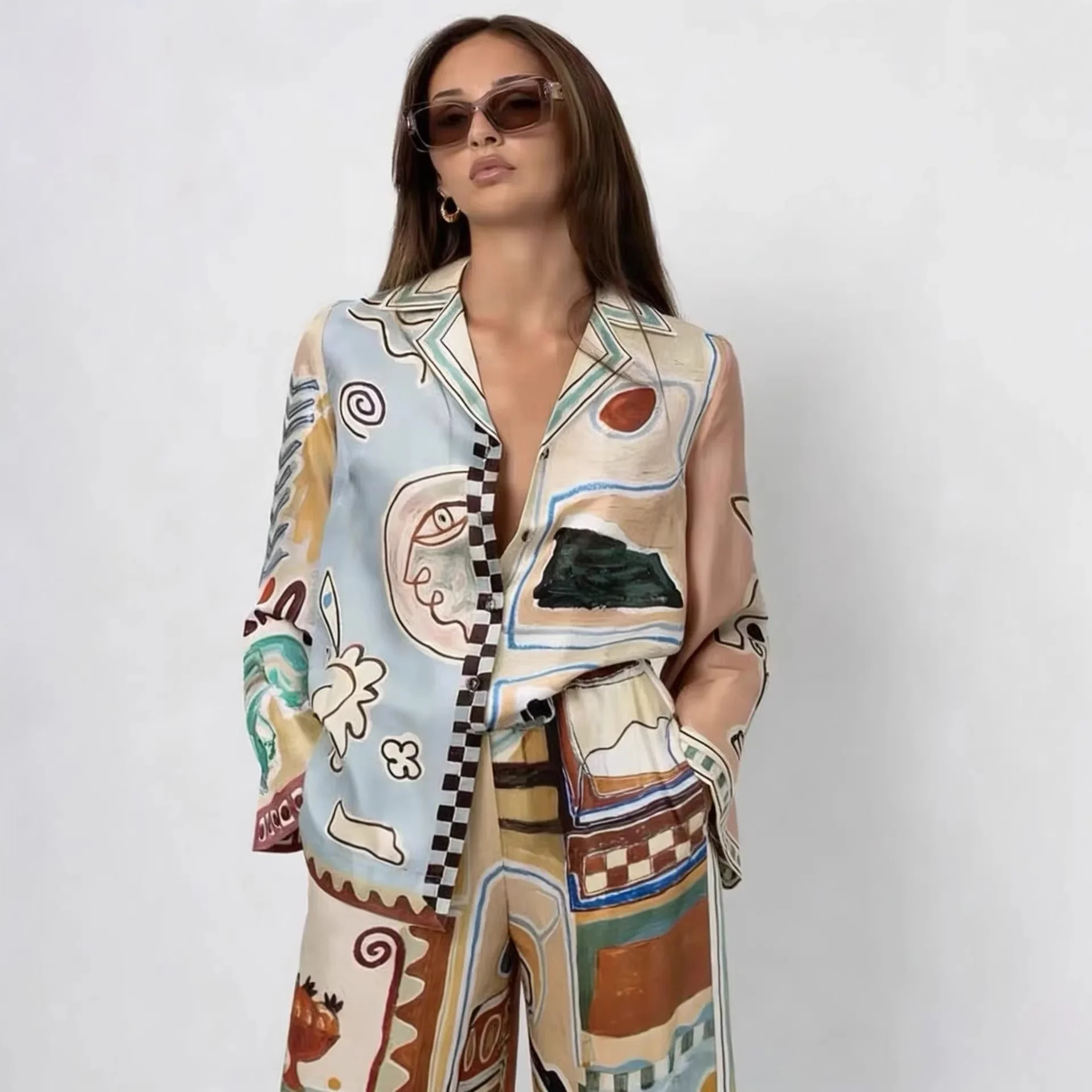 

Baroque French Vintage Graffiti Style Printed Long Sleeve Shirt Lose Wide Leg Pant Suits Casual Two Piece Sets Womens Outifits