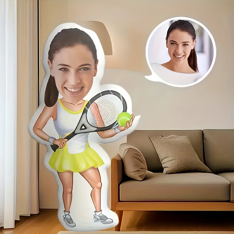 1pc - Custom Portrait Plush Pillow Featuring a Cartoon Tennis Player, Double-Sided Printed Images, Personalized Plush Cushion, a