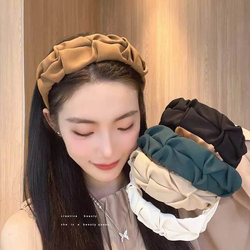 Korean Solid Color Crumpled Wide Hairband Fashion Women\'s Head Hoop Wide Bezel Makeup Headwear Y2K Cute Girls Hair Loop Gift