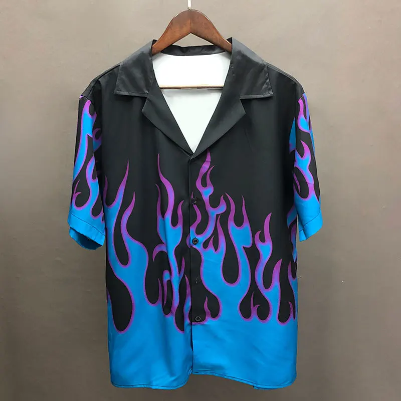 Summer Short Sleeve Color Contrast Flame Pattern Short Sleeve Shirt Camisa Hombre Loose Lapel Shirt Camisa Social Masculina Club