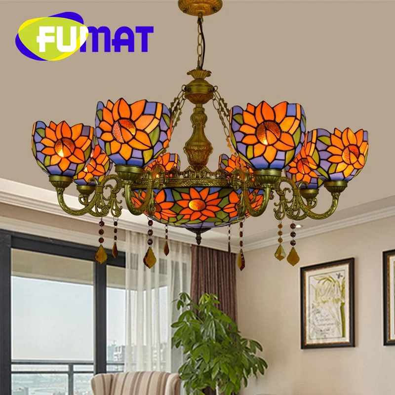 FUMAT Tiffany style stained glass Mediterranean blue sunflower multi-head chandelier Living Room Restaurant Bar Hotel LED decor