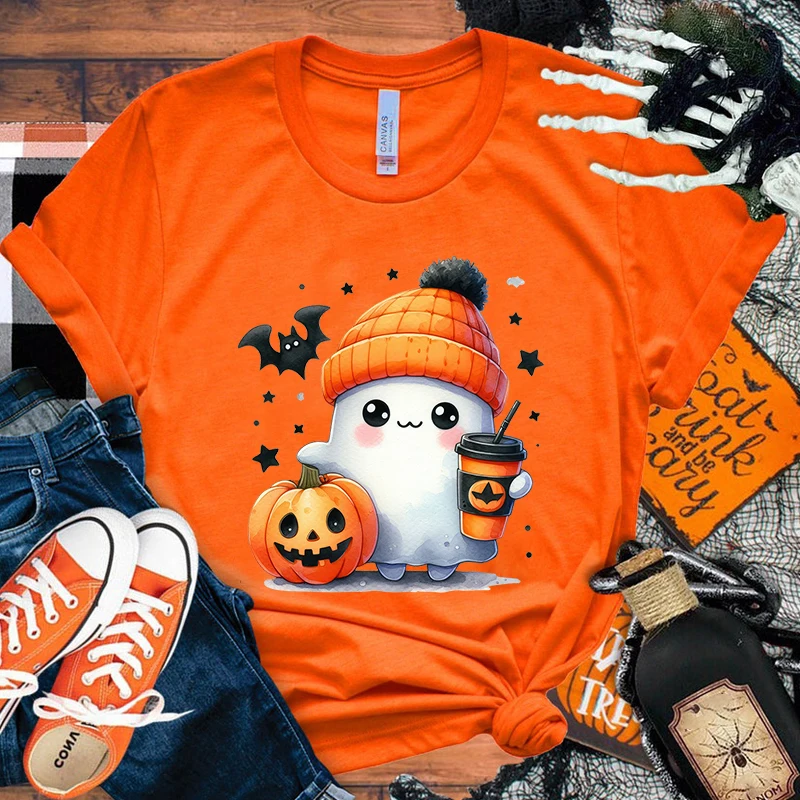 New Hot Halloween Boo Pumpkin Coffee T-Shirts Fashion Women Girls Summer Tee Shirt Unisex Casual Short Sleeve Round Neck Tops T