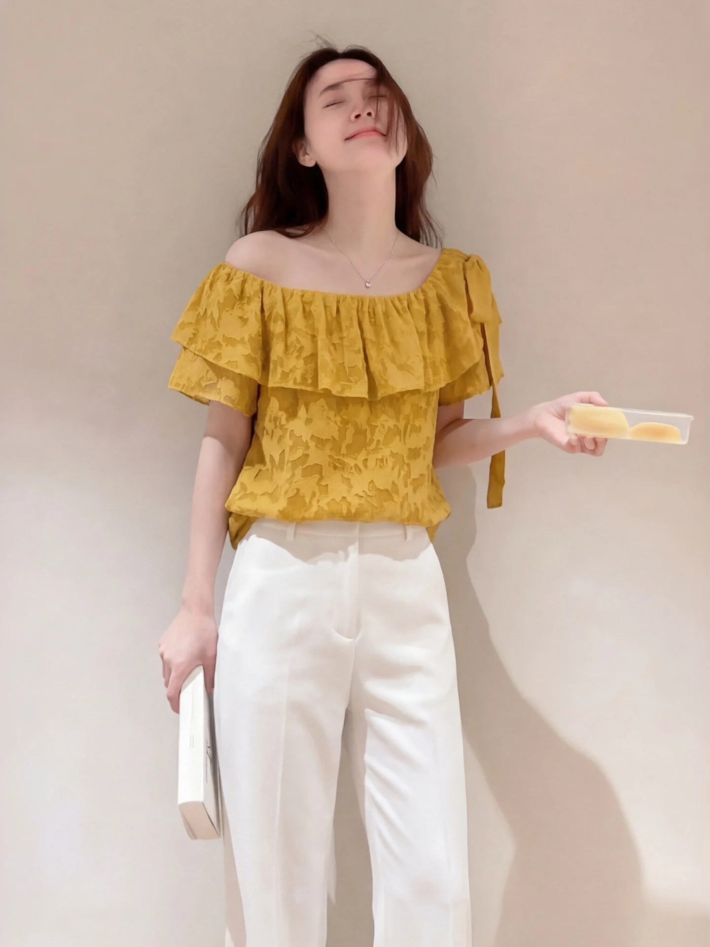 

Yellowish Orange Lace Shirt One Shoulder Short Sleeve Women's Summer New Thin Sweet Lace Trim Large Size Top Commute Style Sl...