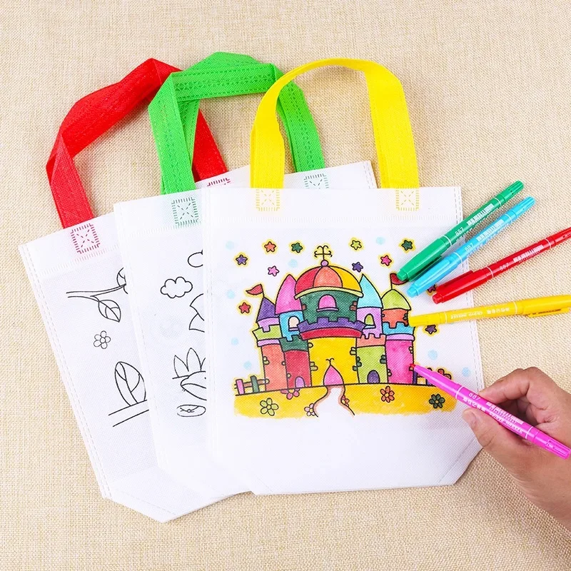 10-80PCS Reversible Nonwoven Doodle Tote Bag DIY Coloring Painting Pouch for Preschool Handmade Craft Home School Party Present view 5