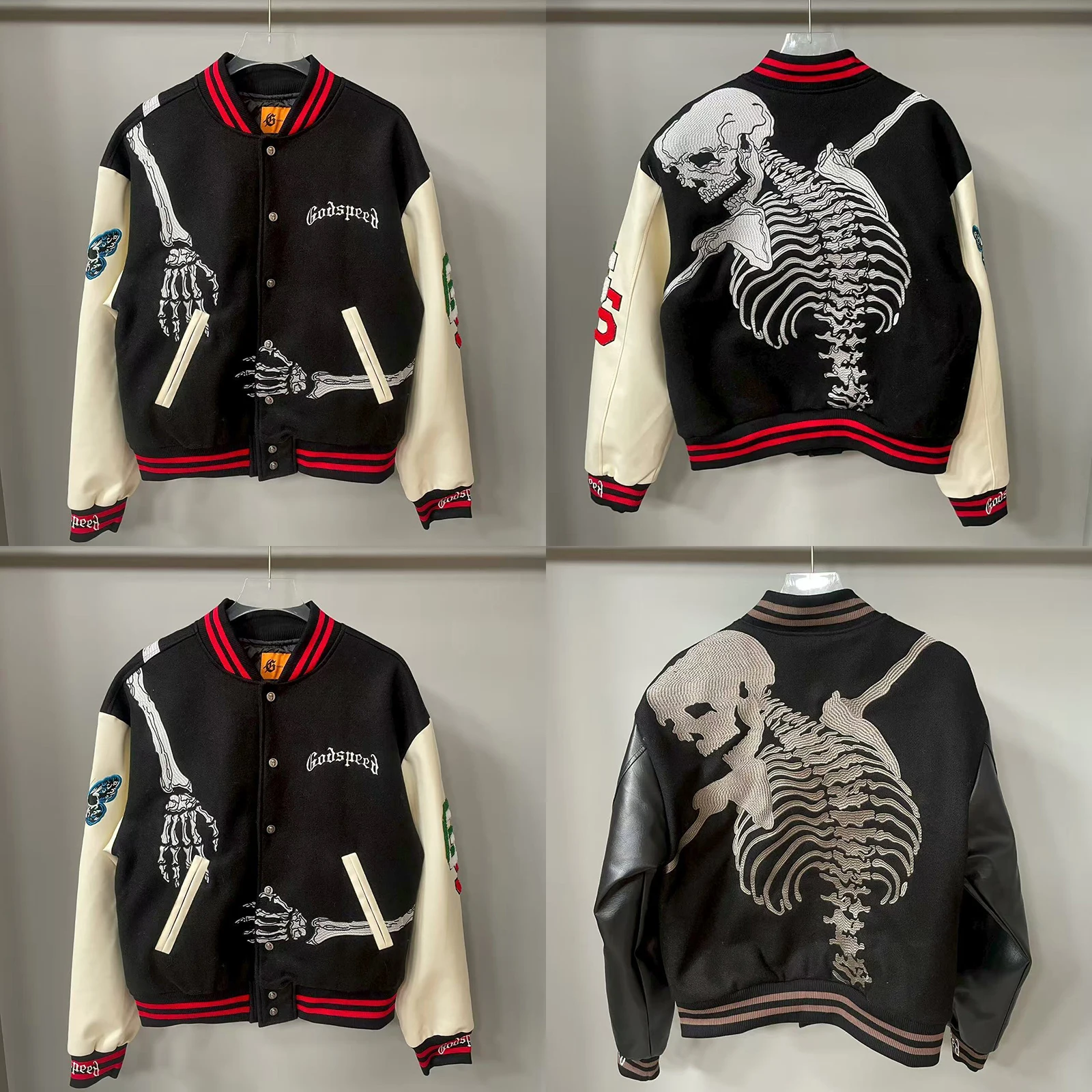 

Good Quality Godspeed American Style Baseball Jacket Loose Casual Skeleton Embroidery Hip Hop Loose Fit Autumn Men Jacket