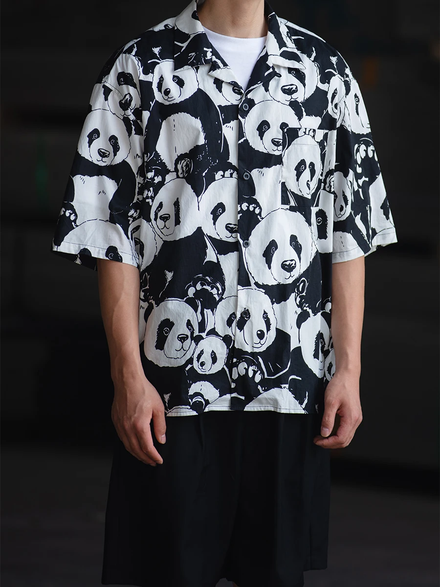 

Noears Panda Print Cuban Collar Hawaiian Loose Men's irt ort Sve Retro Large Size Summer Faionable Cotton Youth Trend