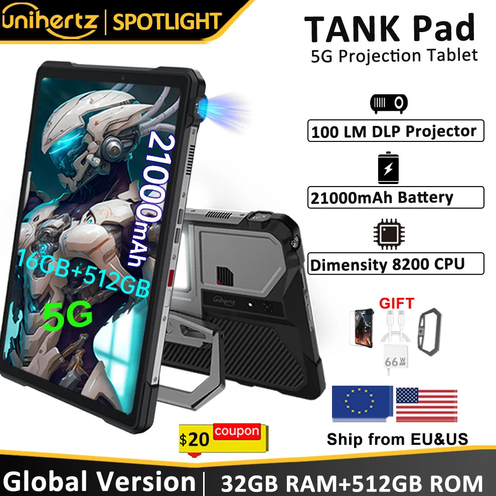 Unihertz Tank PAD Phone with Projector 8849 Rugged Tablet Dimensity 8200 Android 32GB 512GB 21000mAh 10.95