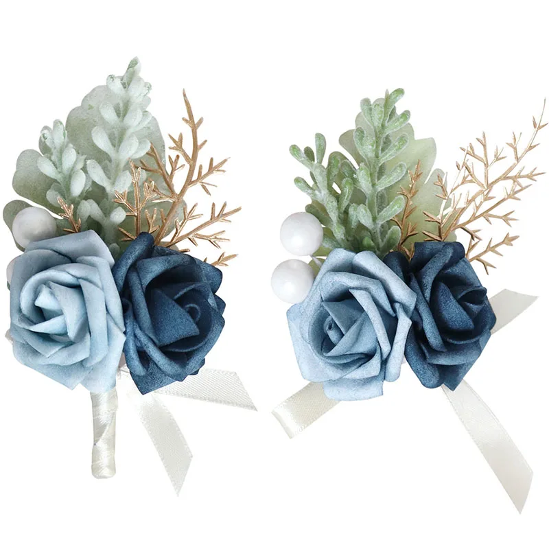 1/6 pçs luxuoso azul rosa casamento pulso corsage & boutonniere conjunto-acessório chique para noiva, noivo & festa, adiciona unidade elegante