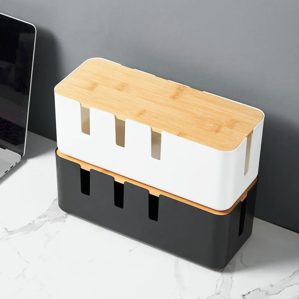 

Plastic Household Cable Management Box with Wooden Lid Storage Bin Desk Power Cable Box Space Saving Dustproof Power Wire Case