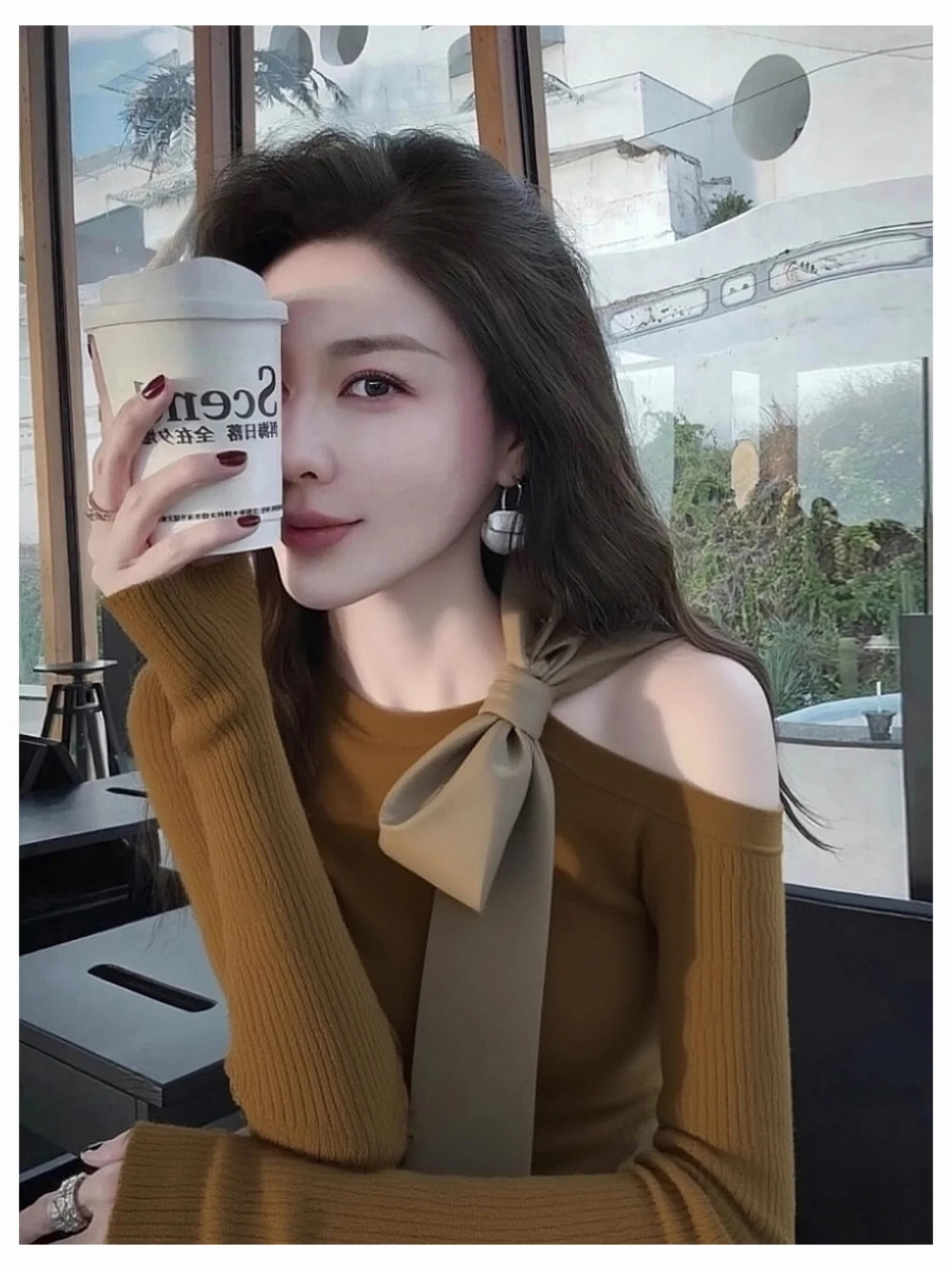 

oulder Bared Knitted Sweater with Beautiful Knot for Women Sli Slimming Winter Faion Unique Online Exclusive