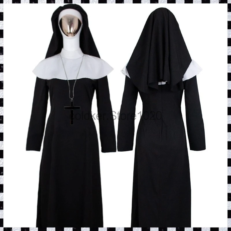 Costume de Cosplay de nonnes d'halloween pour femmes, robe noire de nonne missionnaire de Religion catholique chrétienne, Costume de fête de carnaval de noël