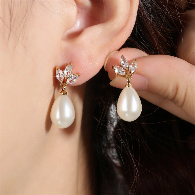 ZAKOL Marquise Zirconia CZ Stone Dangle Earrings for Women Delicate Irregular Pearls Bridal Wedding Jewelry Birthday Gift