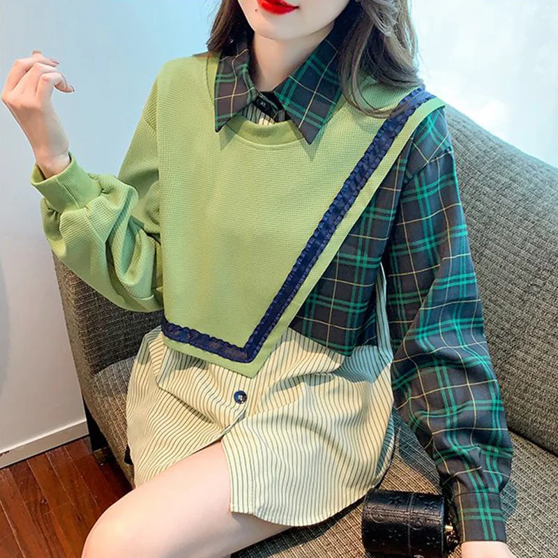 Spring Autumn Streetwear Patchwork Trend Fashion Shirt Female Long Sleeve Loose Casual Blouse Women\'s Polo-neck Pullover Tops